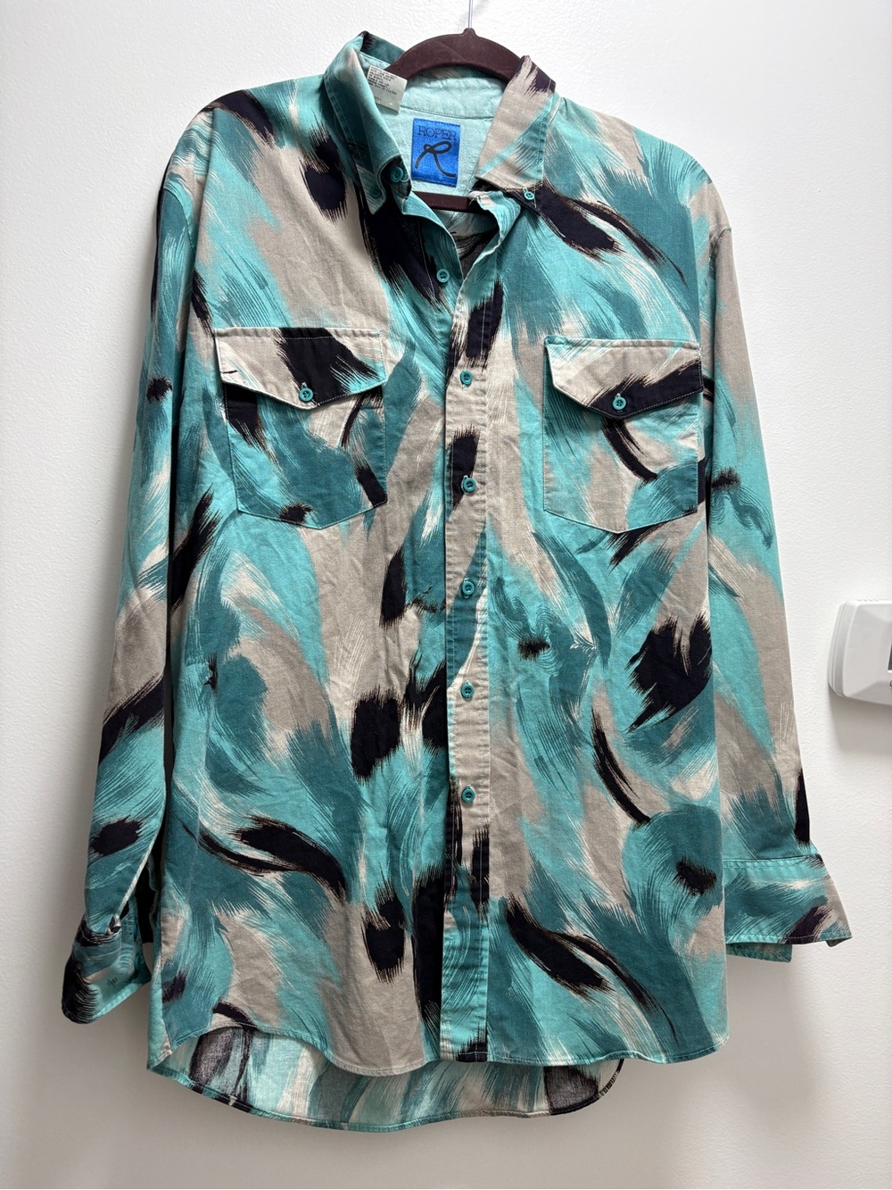 Vintage Roper Teal, Beige & Black Brushstroke Western Shirt